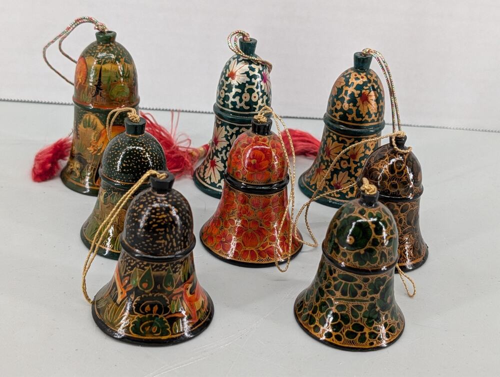 8 Vintage Handpainted Wood Bell Floral Wildlife Beautiful